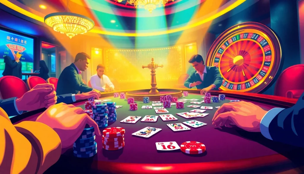 Players engaged in đánh bài đổi thưởng at a lively casino poker table.